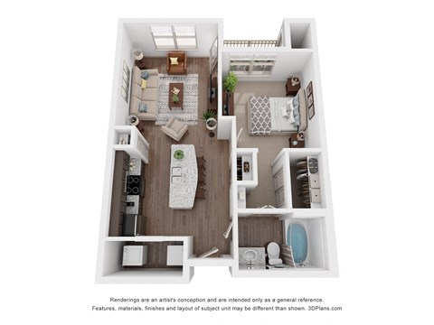 Floor plan for 1 bed, 1 bath, 672 sqft